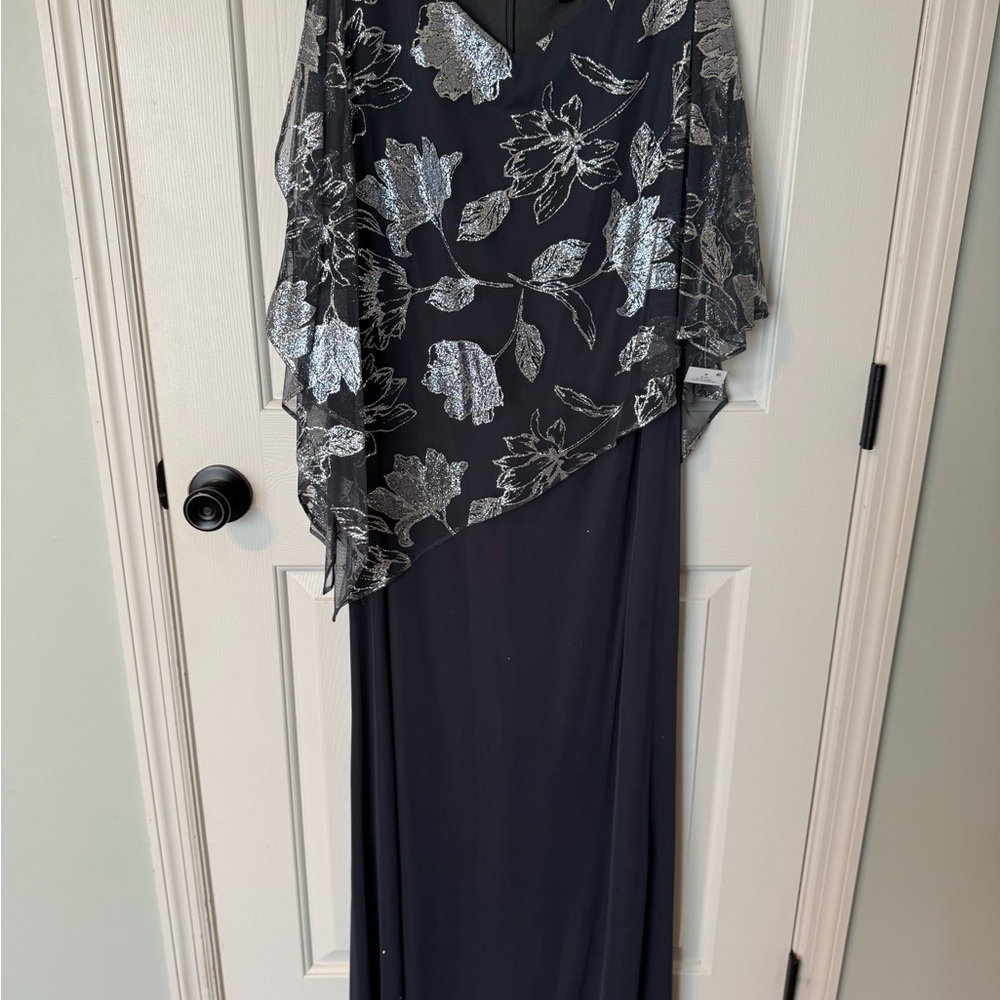 SLNY Elegant Smoke Grey Dress with Silver Leaf Pattern